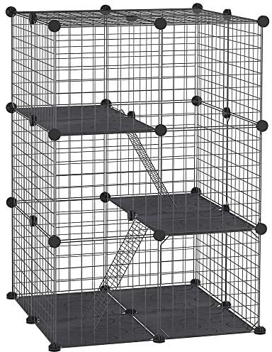 PawHut Enclos pour Petits Animaux 3 Niveaux Modulable 39 Panneaux Noir | Avec 2 Rampes, Cage à Lapin, Cage Furet, Parc Clôture d’Intérieur, pour Lapin Chaton Chinchilla Furet, en Métal