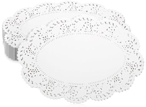 150 Stück Tortenspitzen Oval 30,5 x 21,5 cm - Elegante Tortenunterlage aus Papier, Ölabsorbierendes Tortendeckchen für Gebäck, Kuchen & Desserts, Weißes Tortenpapier für Partys & Hochzeiten