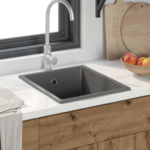 QUAHEAS Fregadero de cocina de granito gris, 38 x 44 x 20 cm, con escurridor y orificio para grifo, para cocina, lavadero, camping, duradero, con desagüe y sifón