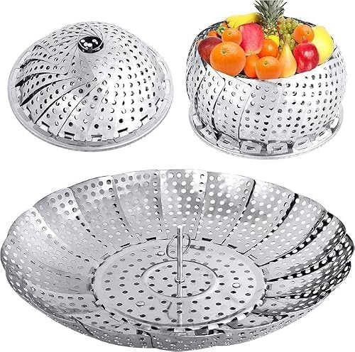 Vegetable Steamer Basket Expandable 14.5cm to 22cm Stainless Steel Folding Steamer Insert For Veggie Seafood Cooking & Streaming Dishwasher Safe Food Steaming Baskets For Kitchen
