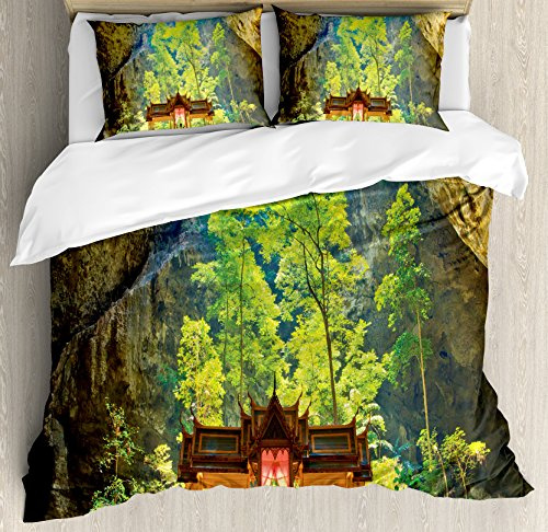 Ambesonne Natural Cave Duvet Cover Set, Latent Pavilion in Between The Cliffs Discovery of Faith in The Nature Picture, Decorative 3 Piece Bedding Set with 2 Pillow Shams, Queen Size, Multicolor
