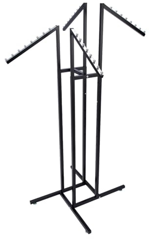 SSWBasics Black 4 Way Adjustable Clothing Rack with Slanted Arms - Retail Clothing Rack Display - Adjustable Height Arms from 48 to 72 Perfect for Clothing Stores