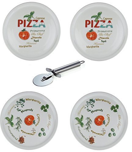 Retsch Arzberg - Pizzateller im Set inklusive Pizzaschneider/Pizzaroller - Pizza Teller XXL Ø30cm (mit Dekor, 4er Set)