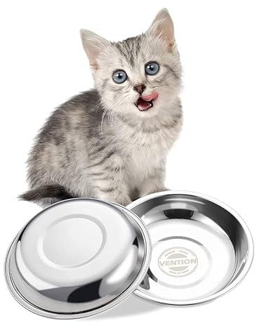 VENTION Kleine Flache Futternäpfe für Katzen, Außendurchmesser Katzennapf mit Schnurrhaar, 14,5 cm, Edelstahl, Katzennapf für Indoor-Katzen, Set mit 2 Ersatz-Katzennäpfen für erhöhte Station (320 ml)