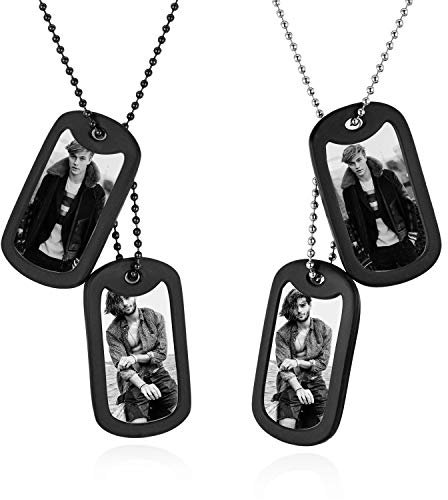 JewelryWe Schmuck 2pcs Dog Tag Halskette mit persönlicher FOTOGRAVUR | Bild & Text Gravur, Edelstahl Kautschuk 2 poliert Militärischen Erkennungsmarken Dog Tag Herren Anhänger mit 60cm Kette