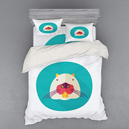 Ambesonne Colorful Bedding Set, Beaver Portrait with Small Eyes and Giant Teeth Cartoon Style Animal Illustration, 4 Piece Duvet Cover Set with Shams and Fitted Sheet, Queen Size, Multicolor