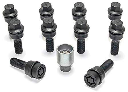 H&R Radschrauben Satz Kugelbund mit bewegliche Kugelbund R14 M14x1.50 - Länge 42mm - Schwarz - 10 Stück (z.B. kompatibel mit Audi Q3, Q5) - inkl. Felgenschloss