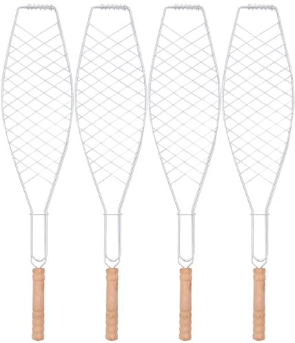 HEMOTON 4Pcs Non-Stick Fish Barbecue Basket with Wooden Handle Bbq Grill Net Clips for Outdoor Camping Picnic Grilling Steaks Sausages Chicken Wings