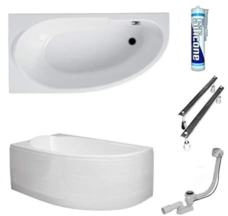 ECOLAM® Badewanne Eckbadewanne Acryl Miki Polimat weiß 145x85 cm LINKS + Schürze Ablaufgarnitur Ab- und Überlauf Automatik Füße Silikon Komplett-Set