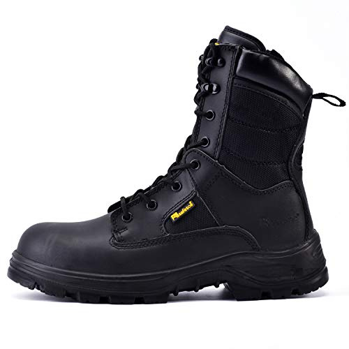 SAFEYEAR S3 Military Mens Work Boots,Black Heavy Duty Combat Army Safety Boots, 4E Wide Fit Steel Toe Cap, Waterproof Genuine Leather, Lace Up Site Tactical Police Security, Ankle Zip Side Size UK 12
