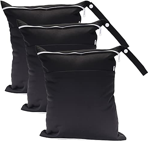 Egurs Wetbag Nassbeutel 3 Stück 30 * 36cm Groß Einfarbig Windeltasche wiederverwendbar windelbeutel Organiser Beutel mit Zwei Reißverschlusstaschen Schwarz
