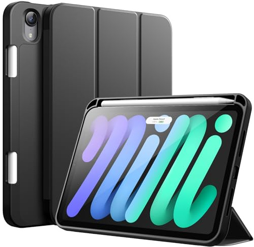 JETech Fodral för iPad mini (A17 Pro, 2024 Modell, 7:e Generationen) / mini 6 (2021 Modell, 6:e Generationen) med Pennhållare, Smal Tablett Case med Mjuk TPU Tillbaka (Svart)