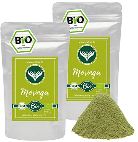 Azafran BIO Moringa Pulver ohne Zusätze, 100% Oleifera gemahlen, Moringapulver aus den Blättern vom indischen Wunderbaum 500g
