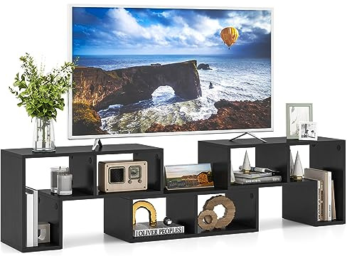 COSTWAY TV-skåp i trä 3-delad, fritt kombinerbar, TV-bord för TV-apparater upp till 65, utdragbart hörnhyll, TV-bänk, TV-skåp, multifunktionellt bokhylla, förvaringshyll (Svart)