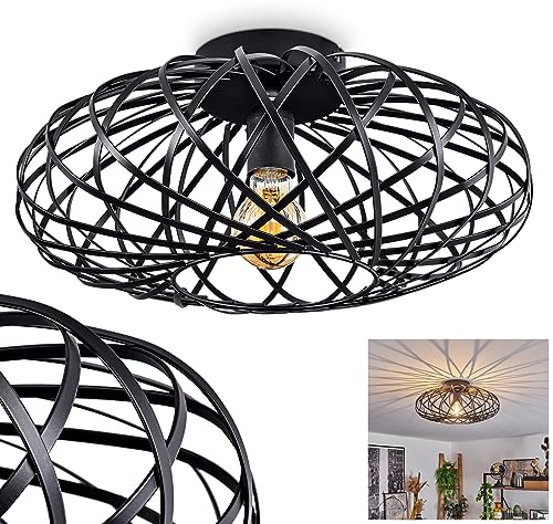 Deckenleuchte Oravi, runde Deckenlampe aus Metall in Schwarz, 1-flammig, E27-Fassung, Ø 40 cm, Leuchte im Retro/Vintage-Design mit tollem Lichteffekt durch Gitter-Optik, ohne Leuchtmittel