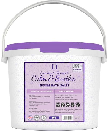 Scented Epsom Salt Calm & Soothe Salts with Lavender & Chamomile Bucket Food Grade Magnesium Sulphate Foot Soak Salts Bath Epsom Salts (Lavender & Soothe, 2.5KG)
