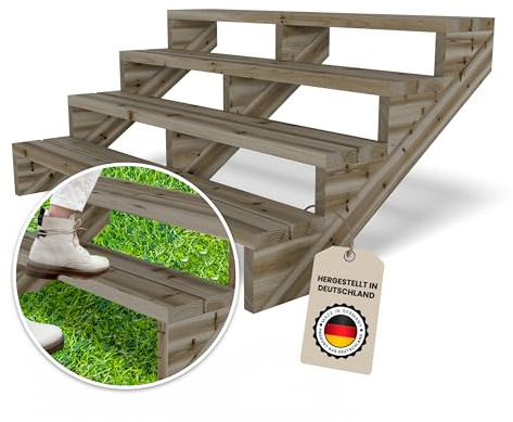Gartenwelt Riegelsberger Terrassentreppe aus imprägnierter Kiefer – 150 cm breit, 4 Stufen, Gesamthöhe 72 cm – wetterfeste Außentreppe aus Massivholz inkl. Wangen, Bohlen & Schrauben