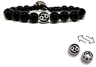 clorophilla. Bracciale Astrologico con Segno Zodiacale in Onice Nero Unisex - 12 Costellazioni Doppio Verso In Acciaio Gioiello dell'Orsocopo in corda cerata Regolabile (CANCRO)