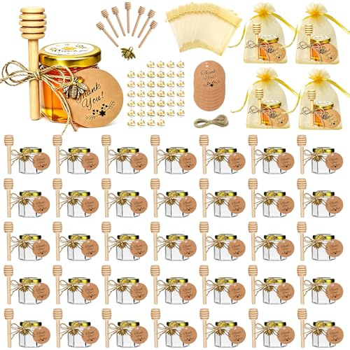 Hapneyea 40 paquetes de latas de miel de vidrio de 1,5 onzas con cucharas,colgantes de abejas,bolsas de regalo,tarjetas de agradecimiento,pegatinas - adecuadas para regalos para bebés,bodas y fiestas