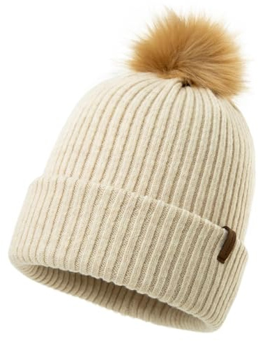 Comhats Cappelli invernali da donna in lana con pompon in cashmere, a doppio strato, con pompon, 94588_beige, Taglia unica