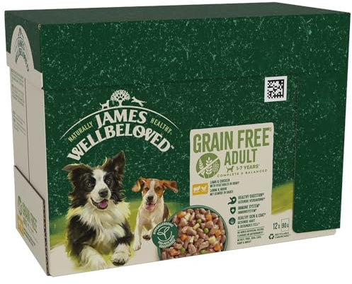 JAMES WELLBELOVED 12 x 90g Hund Portionsbeutel Nassfutter ohne Getreide, Lamm & Huhn mit Gemüse in Sauce