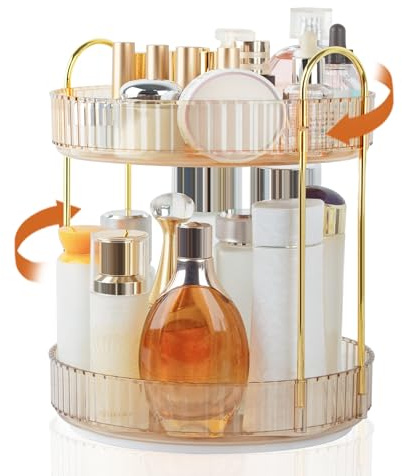 Boxalls Organizador de Maquillaje Giratorio, Organizador de Baño de 2 Capas, Almacenamiento de Cosméticos de Gran Capacidad de 360 Grados, Organizador Giratorio de Tocador (2 Niveles, Ámbar)