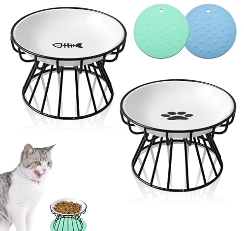 2Pcs Katzennäpfe Futternapf Katze Set mit Erhöht Ständer Metallhalter Base Haustiere Futterschüssel Anti Erbrechen Katzenschüssel für Katzen und Welpen