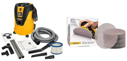 MIRKA Aspirateur Industriel Aspirateur Eau et poussière 25 litres/Tuyau d'aspiration & Abranet Grille Abrasive Ø 125mm autoagrippant - Grain P120-50 pcs