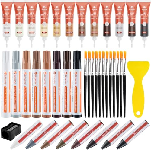 Laminat Reparaturset, 42 Stücke Möbel Reparaturse Reparatur Möbel Kratzer Reparatur Marker und Wachsstöcke mit Kratzerbürsten für Kratzer Flecken Holzboden Laminat