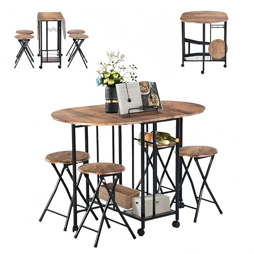 GOKHOMX Esstisch mit 4 Stühlen, kleiner Küchentisch, faltbar, kleiner Raum, mit 4 Klappstühlen, mit Stauraum, für Restaurant, Terrasse, Balkon, Garten (rustikales Braun)
