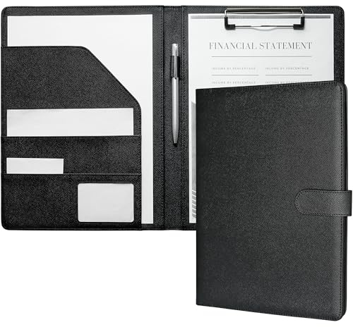 Mymazn Porte-documents A4 Pu Cuir Porte-documents avec pince porte-documents A4 Bloc-notes Folio Document Organisateur (impression Paume Noir)