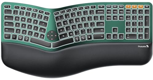 ProtoArc Backlit Bluetooth Ergonomic Keyboard, EK01 Plus Full Size Wireless Split Keyboard with Dual Bluetooth and USB, Cushioned Wrist Rest, Rechargeable, Compatible with Windows/Mac/Android, Green