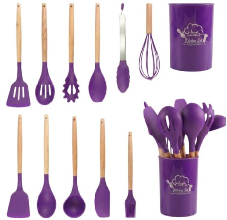 TINA&CO Juego de 12 Utensilios de Cocina de Silicona con Mango de Madera - Kit de Cocina Completo de Menaje, Antihaderente, Resistentes al calor y Duraderos (Morado)