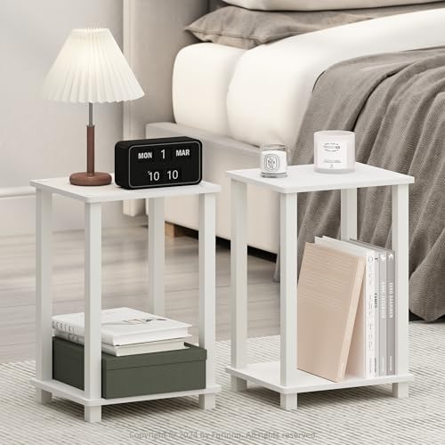 Furinno Simplistic Juego de 2 mesitas de Noche pequeña de 2 Niveles con Estante Abierto, de Montaje sin Herramientas, Mesa Auxiliar, Mesa Lateral, para Dormitorio, Sala de Estar, Blanco