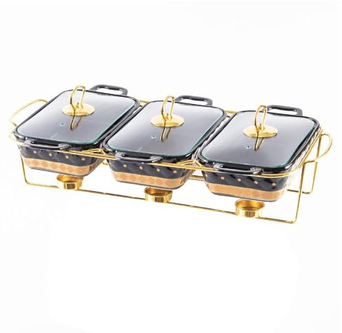Ceramics Chafing Dish Buffet Set, Food Warmer for Parties Buffets,Chafer and Buffet Warmer Set with Glass Lid for Buffet/Weddings/Parties(Nero)