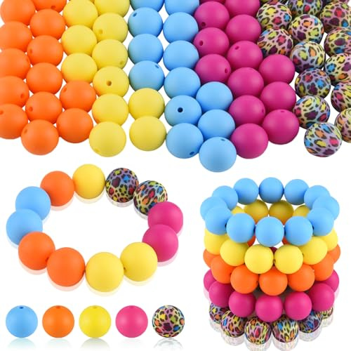 ASTARON Lot de 100 perles en silicone de 15 mm pour la fabrication de porte-clés, perles rondes bleues, roses, jaunes, oranges pour bracelets, stylos, loisirs créatifs, fabrication de bijoux