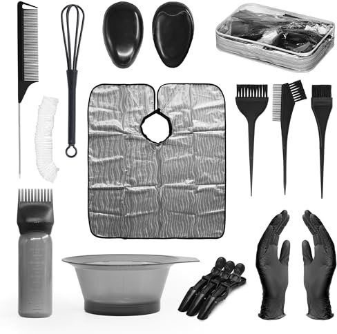 Complete Hair Dye and Keratin Treatment Kit, 17 Pieces - Brushes, Combs, Gloves, Cape, Bowl, Bottle