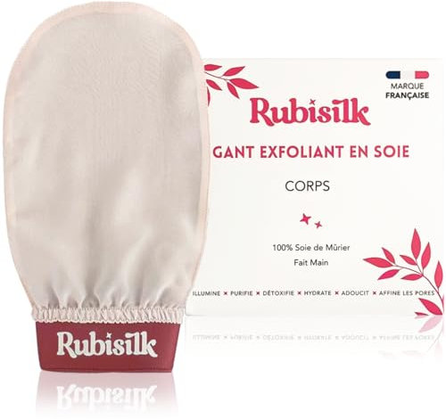 Rubisilk - Guanti esfolianti 100% seta di gelso per il corpo, scrub morbido e naturale senza dolore, elimina pelle morta, peli incarniti, impurità, attiva la circolazione sanguigna, tutte le pelli