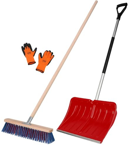 KOTARBAU® Set Schneeschaufel mit Aluminiumstiel 135 cm Straßenbesen 43 cm + Handschuhe Schneeschieber Snow Shovel Gartenbesen mit Stiel draußen Schneeschaufel Auto zur Schneeräumung