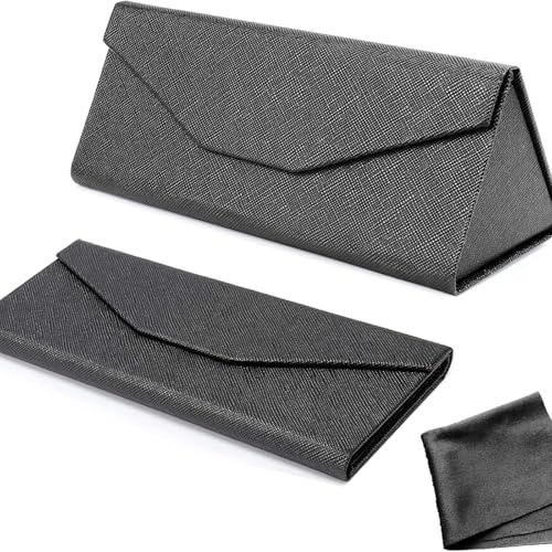 Faltbar Brillenetui für Sonnenbrille ,Brillenetui Sonnenbrille - Faltbares Hardcase mit Reinigungstuch, Leder-Look,Hartschale [Dreieckige] Tasche mit [Magnetverschluss]， Unisex für Damen & Herren