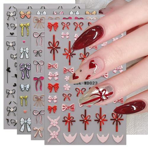 JMEOWIO Nagelsticker Bunte Herz Schleife 6 Blatt Nail Art Sticker Selbstklebend Nagelaufkleber Dekoration Nageldesign Zubehör