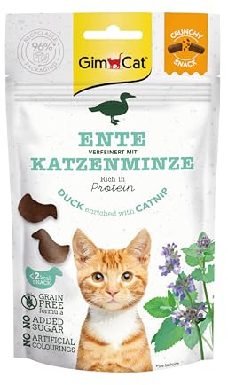 GimCat Crunchy Snacks Ente mit Katzenminze - Knuspriges und proteinreiches Katzenleckerli - 1 Beutel (1 x 50 g) (Packung mit 5)
