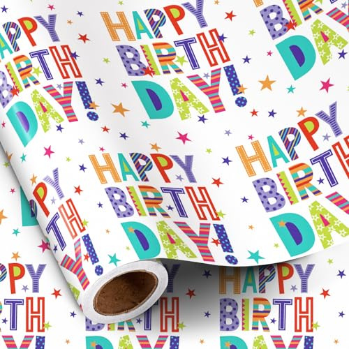 RUSPEPA Födelsedag omslagspapper rulle för barn pojkar flickor, minirulle, färgglad Happy Birthday bokstäver med stjärnor på vit bakgrund, presentinslagning för festfirande, 43,2 cm x 5 m