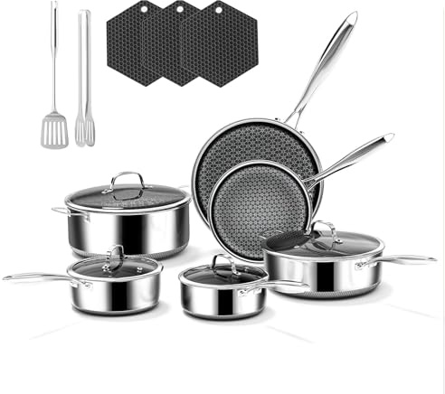 KURRUNGIE Batterie de cuisine en acier inoxydable, 15 pièces hybrides antiadhésives, poêles, casseroles et marmite avec couvercle en verre, passe au lave-vaisselle, compatible avec l'induction, non