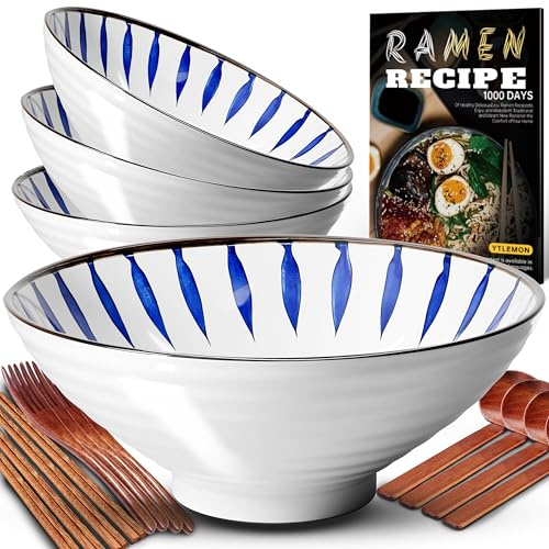 8 Pollici 4 Set Ciotola Ramen In Ceramica(17 pezzi), Ciotola Di Pasta Giapponesi Con Ricette Forchetta Bacchette E Cucchiaio Per Spaghetti Zuppa Di Insalata Snack Bowl Regali Per Uomini Donne Di Casa