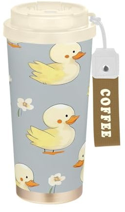 SKYSHU Cartoon Duck – Tasse à café de voyage isotherme de 500 ml avec couvercle paille, anti-déversement et anti-fuites avec poignée pour boissons chaudes et froides, bouteille d'eau réutilisable en