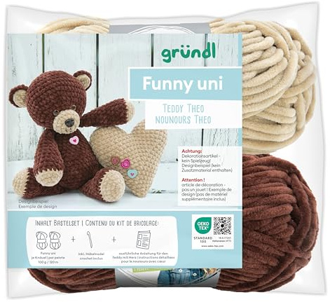 Gründl Funny uni Häkeltier häkeln, Set mit 2 x 100 g Funny uni Chenillegarn, 1 Häkelnadel und eine Anleitung in Deutsch u. Französisch (Teddy Theo)