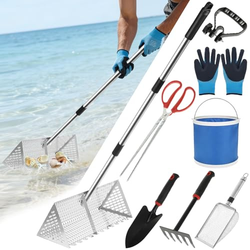 AIHSUMC Sabbia pulci rastrello con manico lungo – Set di setacci in acciaio inox con secchio pieghevole, mini rastrello e morsetto per l'eliminazione delle pulci di sabbia, conchiglie e denti di