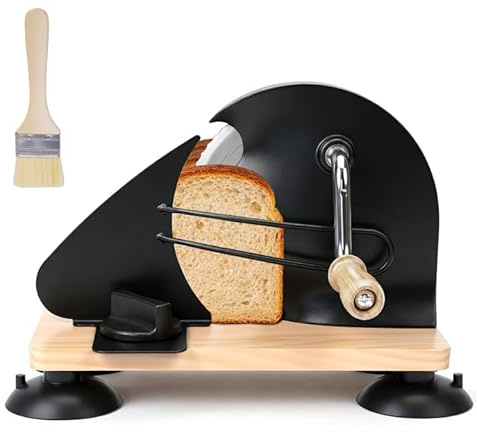 MEZOOM Manual Bread Slicer for Homemade Sourdough Bread, Adjustable Thickness & Evenly Slicing, Hand Crank Bread Slicer with Scale Line and Suction Cup, Serrated Blade Design, Patent Black