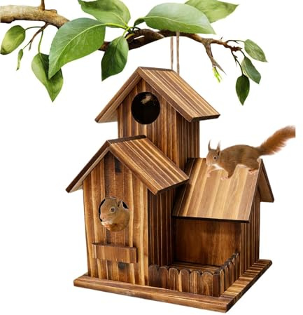 Casa di Scoiattolo – Stazione di Alimentazione Esterna in Legno Design a Tre Pezzi Distributore di Cibo Compatto a Tre Vasche per Gravità Scatola di Ordinamento Noci di Tronco Albero, Stazione
